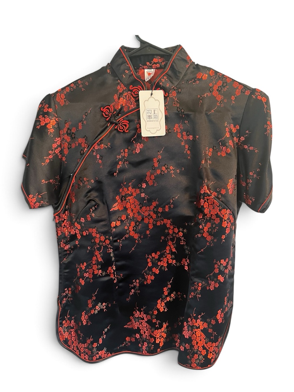 Traditional Mandarin Collar Silk Shirt - Black with Red Floral -Runs small